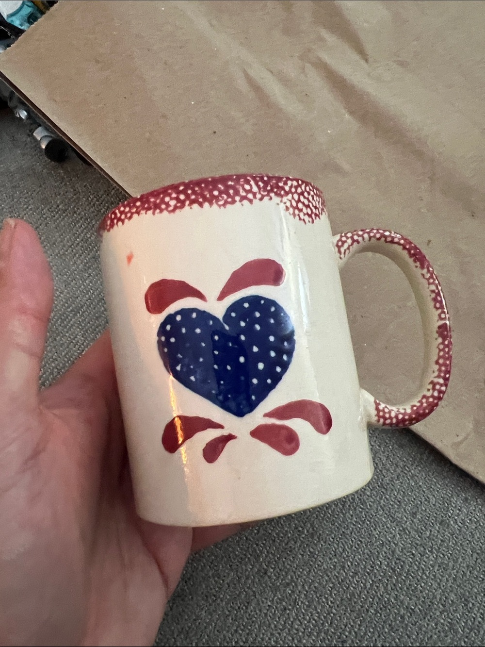 Vintage Americana Spongeware Ceramic Heart Mug Folk Art